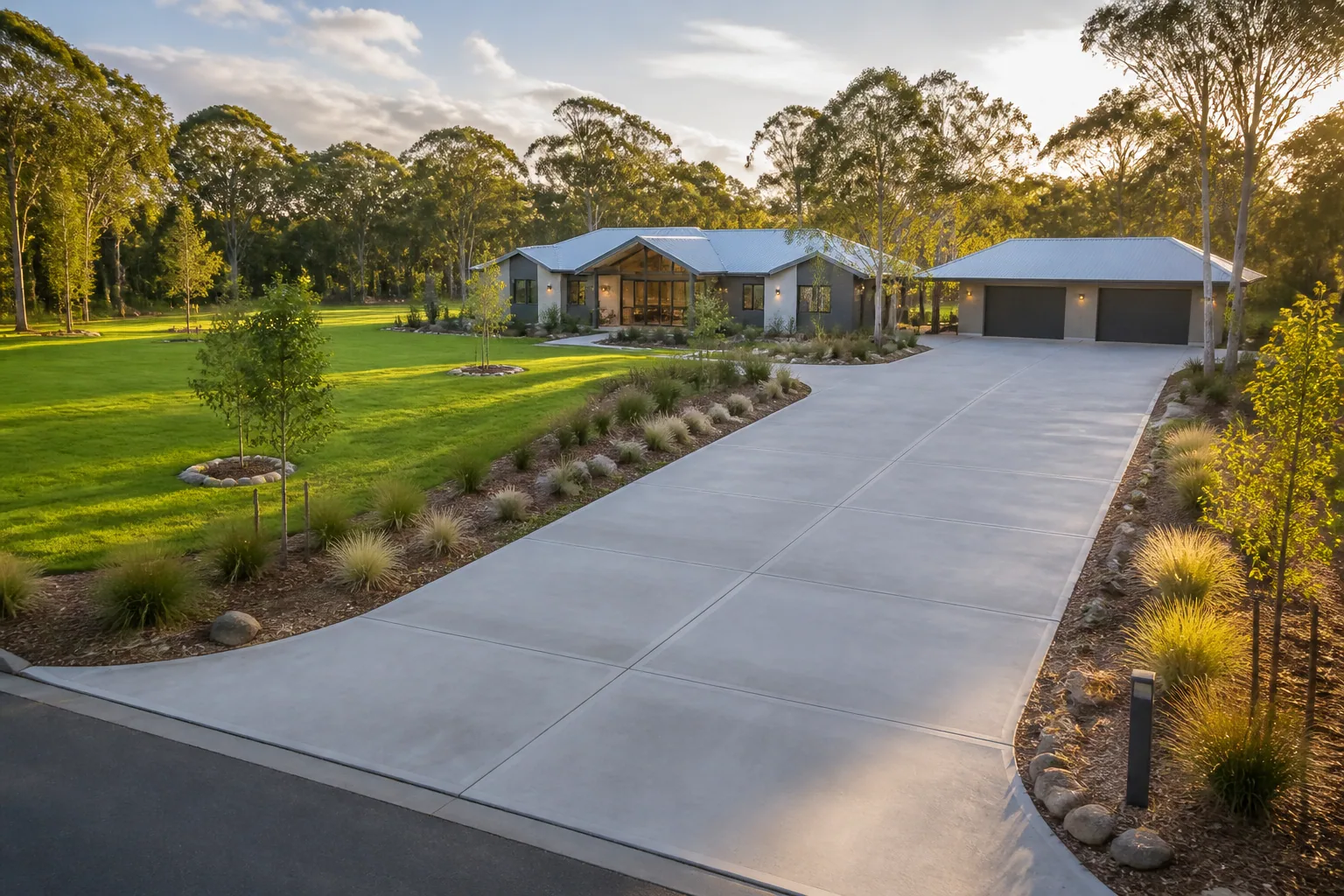 Project inspiration showing a long concrete driveway at a Queensland acreage home