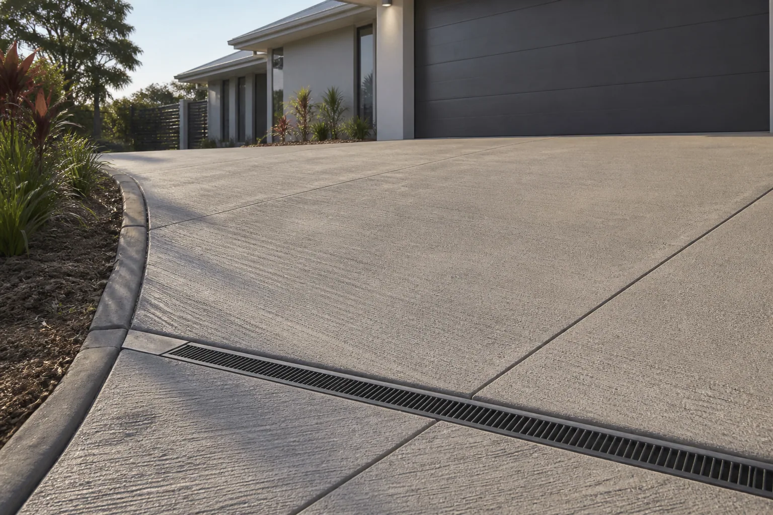 Project inspiration showing driveway control joints and channel drainage