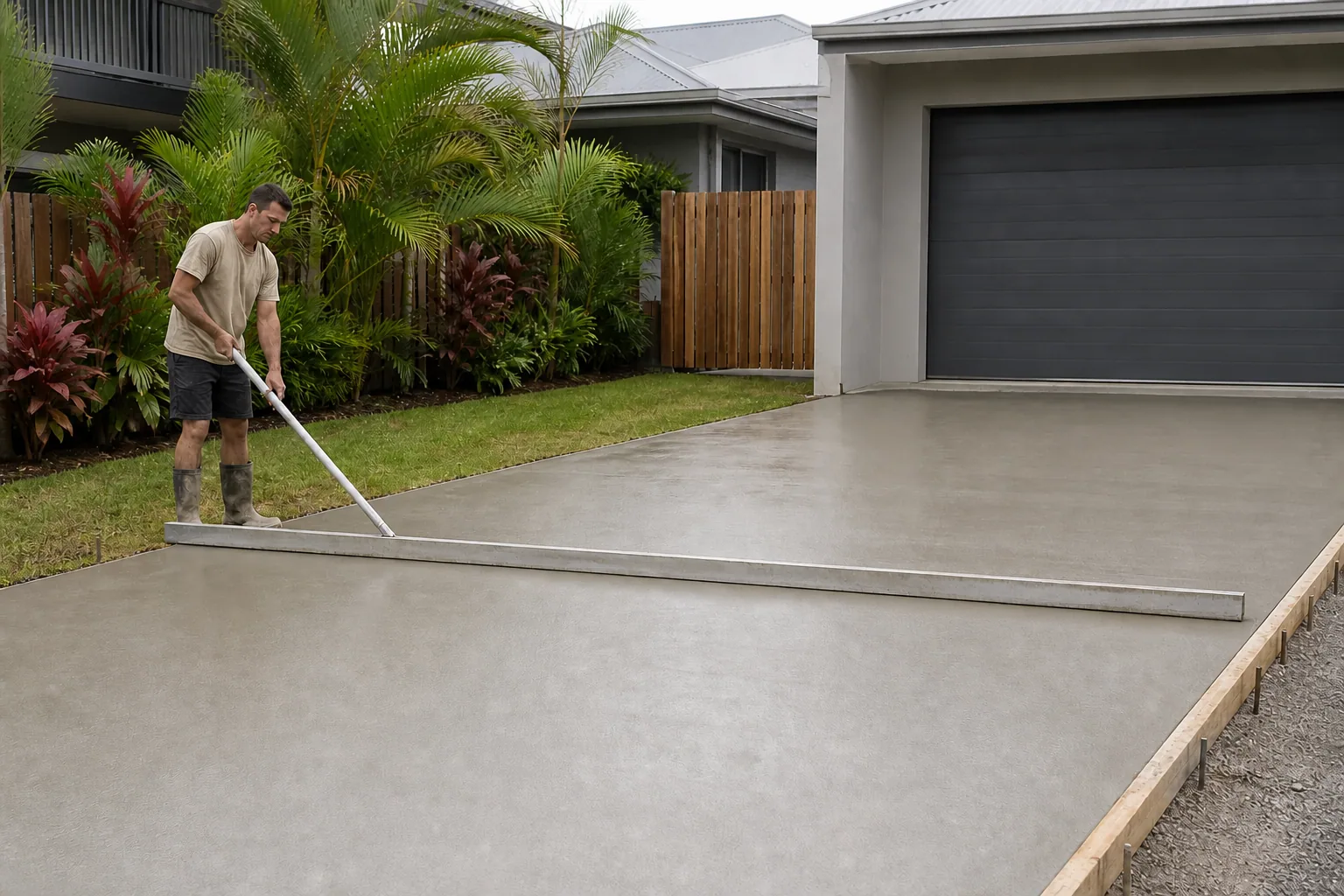 Project inspiration showing concreters levelling a fresh driveway