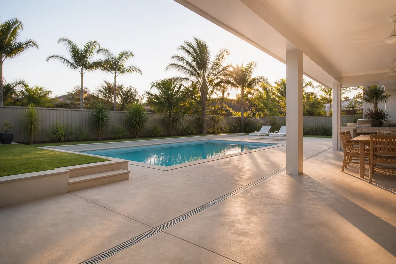 Project inspiration showing a concrete pool surround connected to an alfresco area