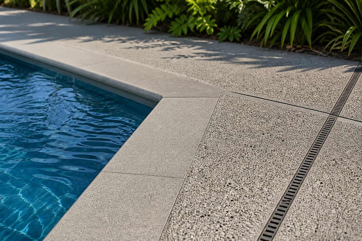 Project inspiration showing pool coping, textured concrete and linear drainage