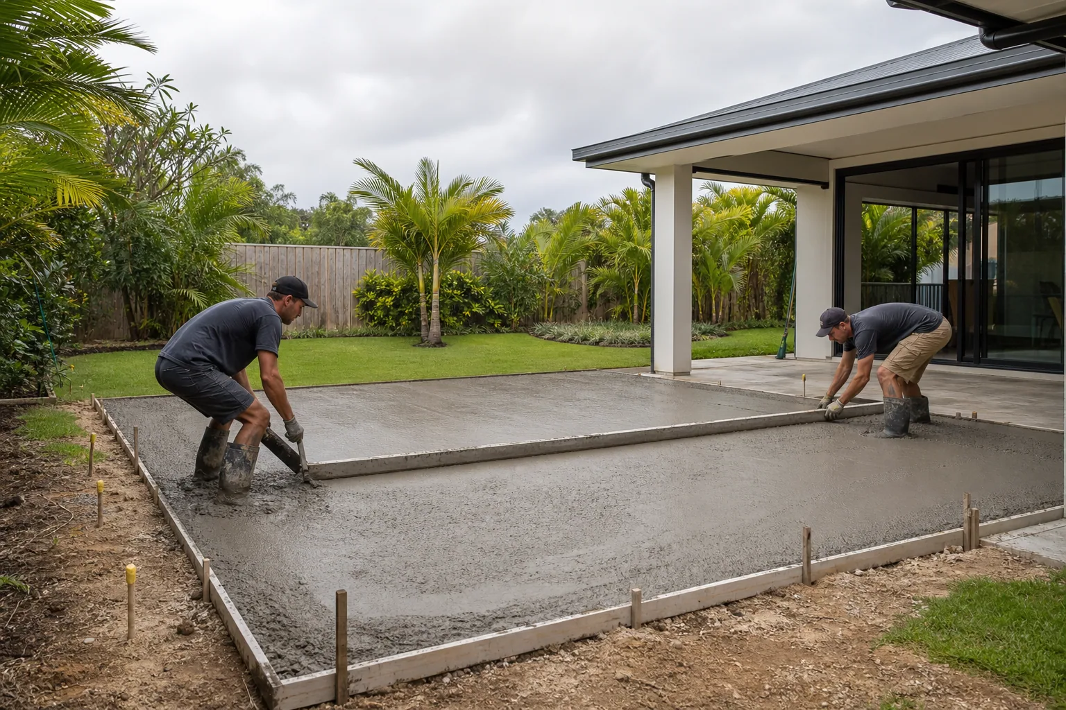 Project inspiration showing concreters screeding a fresh residential slab