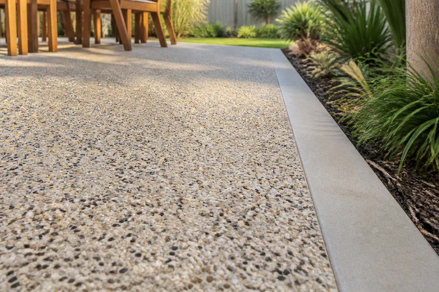 Project inspiration showing a detailed exposed aggregate patio finish