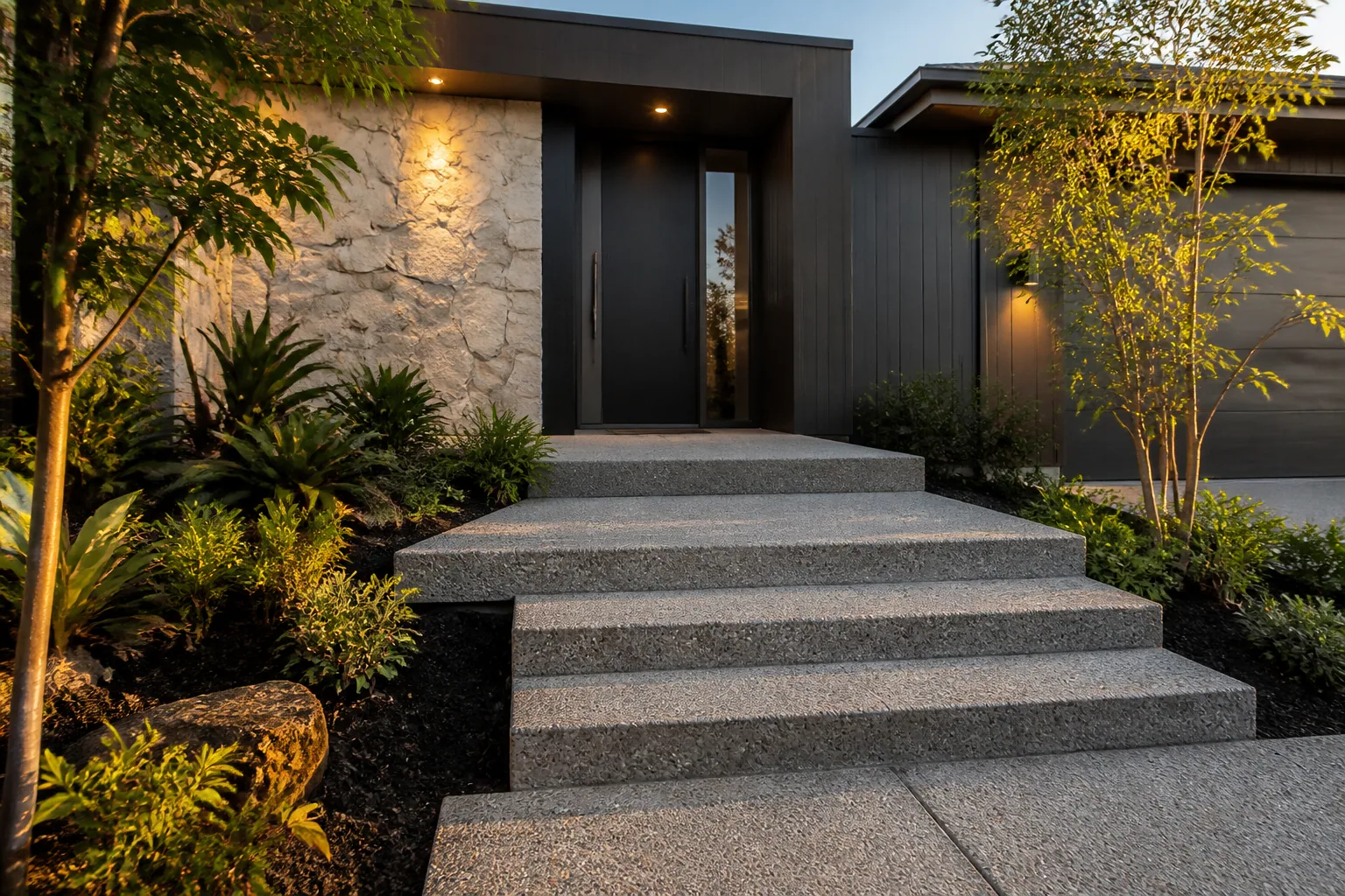 Project inspiration showing exposed aggregate entrance steps at a Queensland home