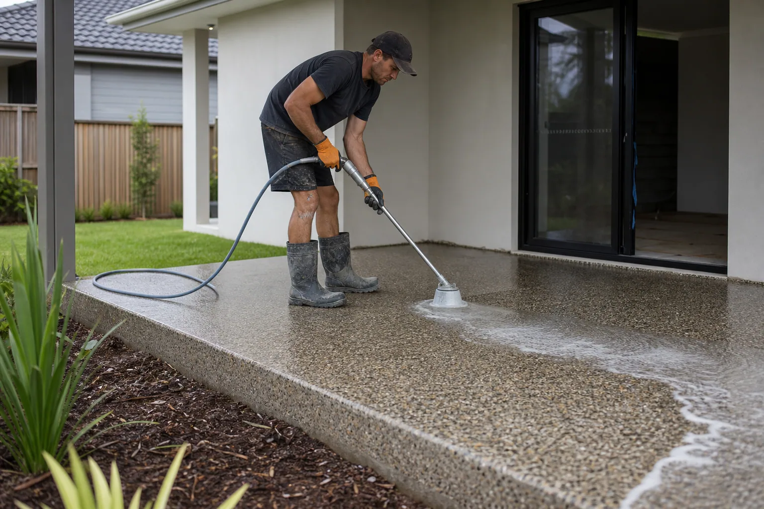 Project inspiration showing an exposed aggregate patio being professionally finished