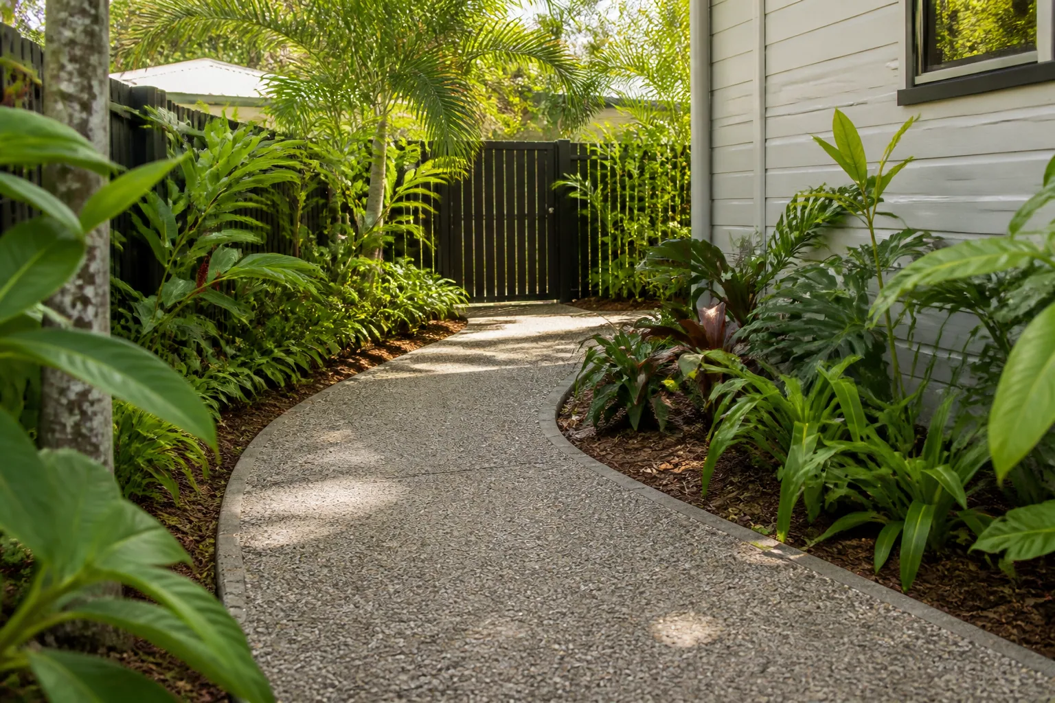 Project inspiration showing a curved exposed aggregate garden path